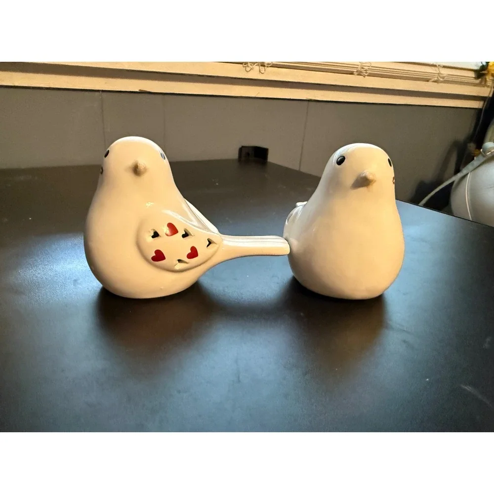 Ceramic Light Up Valentine Love Birds White Heart Cutout LED Figurines Set of 2